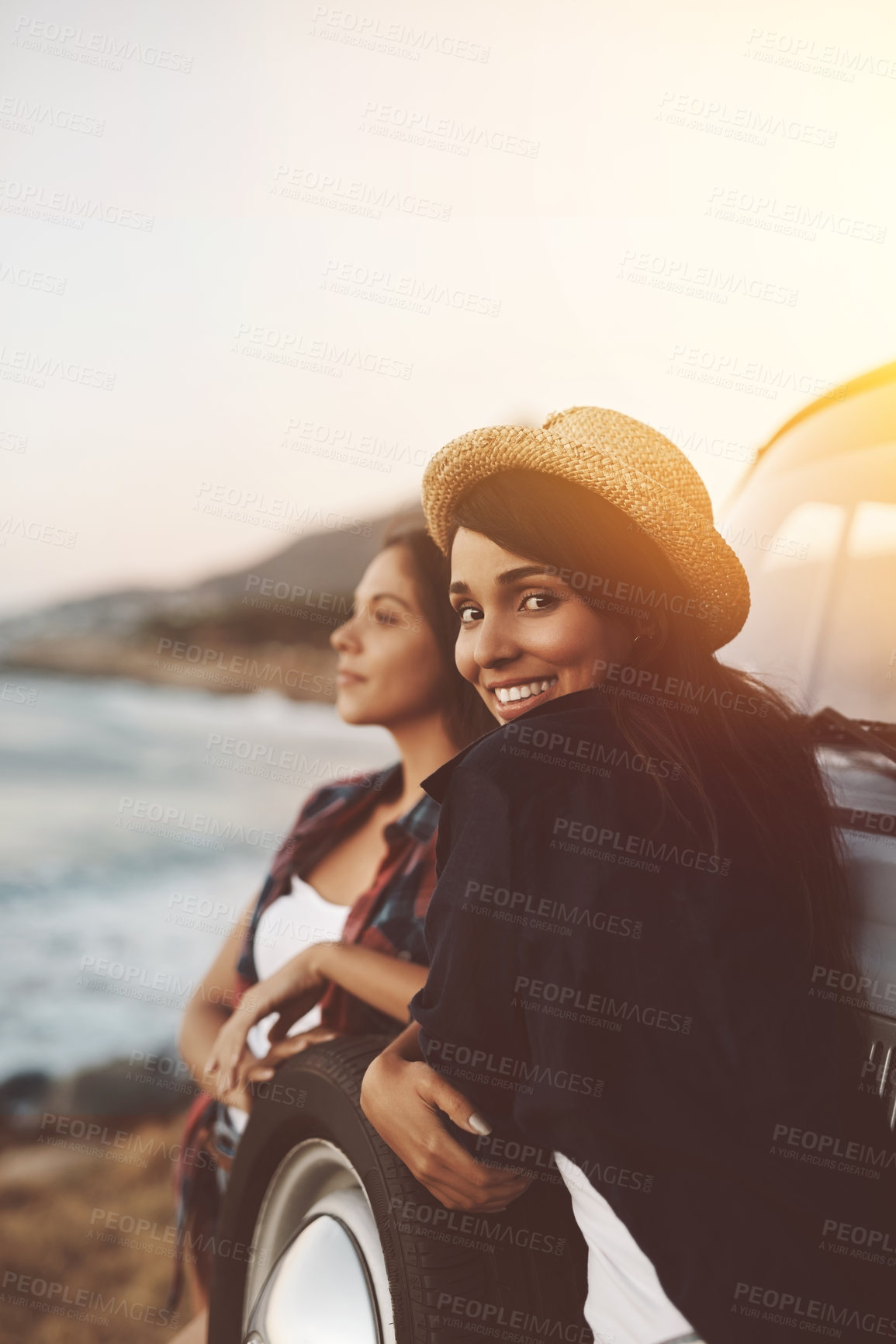 Buy stock photo Car, portrait and happy women at beach for road trip pause, break and bonding at sunset on vacation in nature. Sunrise, travel or girl friends at sea for summer, holiday or adventure, journey and fun