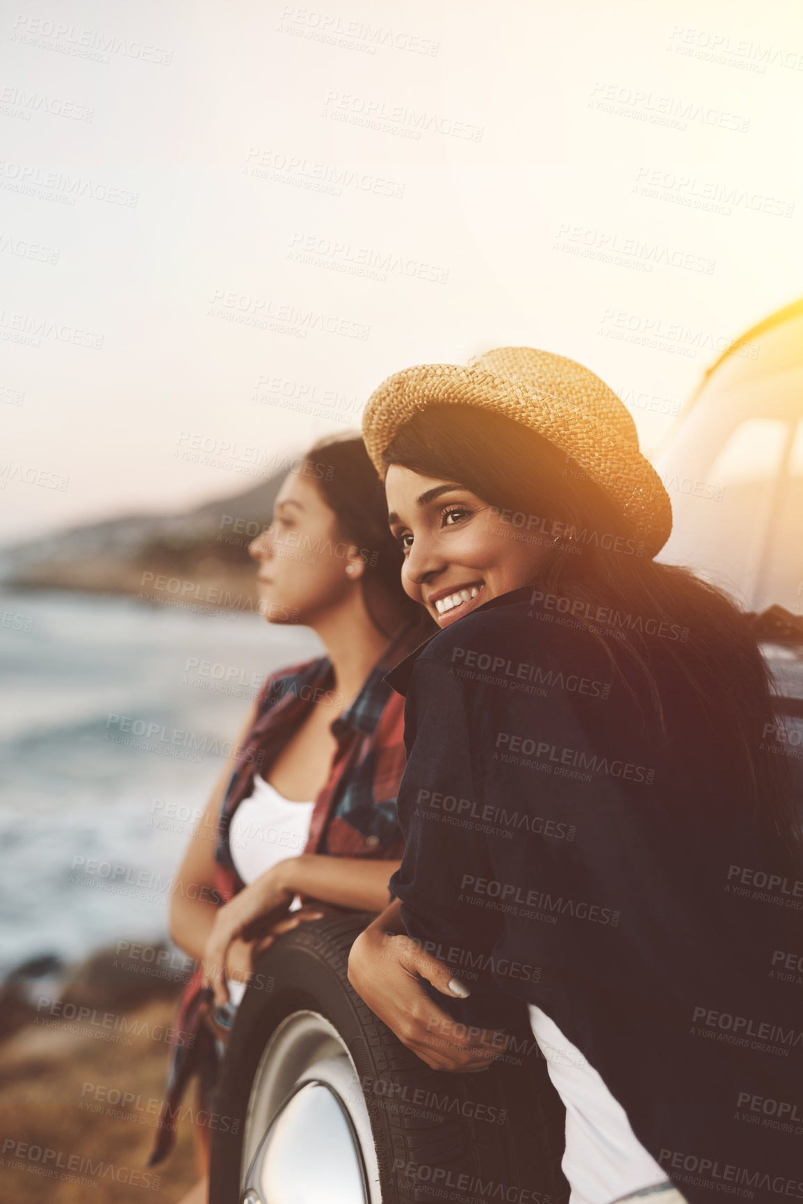 Buy stock photo Car, smile and girl friends at a beach for road trip thinking, break and bonding at sunset on vacation in nature. Sunrise, travel or women at ocean for summer, holiday or adventure journey or relax