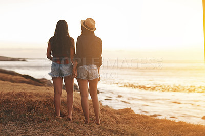 Buy stock photo Rearview shot of two young friends holding hands at the beach