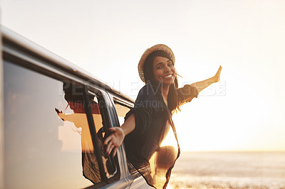 Buy stock photo Road trip, woman and freedom portrait in car with smile, van and travel for holiday and vacation. Transport, parking and adventure with idea and  in summer with driving and journey with driver