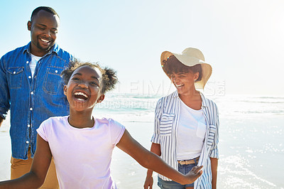 Buy stock photo Relax, travel and happy with black family at beach for summer break, support and tropical vacation. Peace, smile and happiness with parents and daughter playing by the ocean for freedom, sea and care