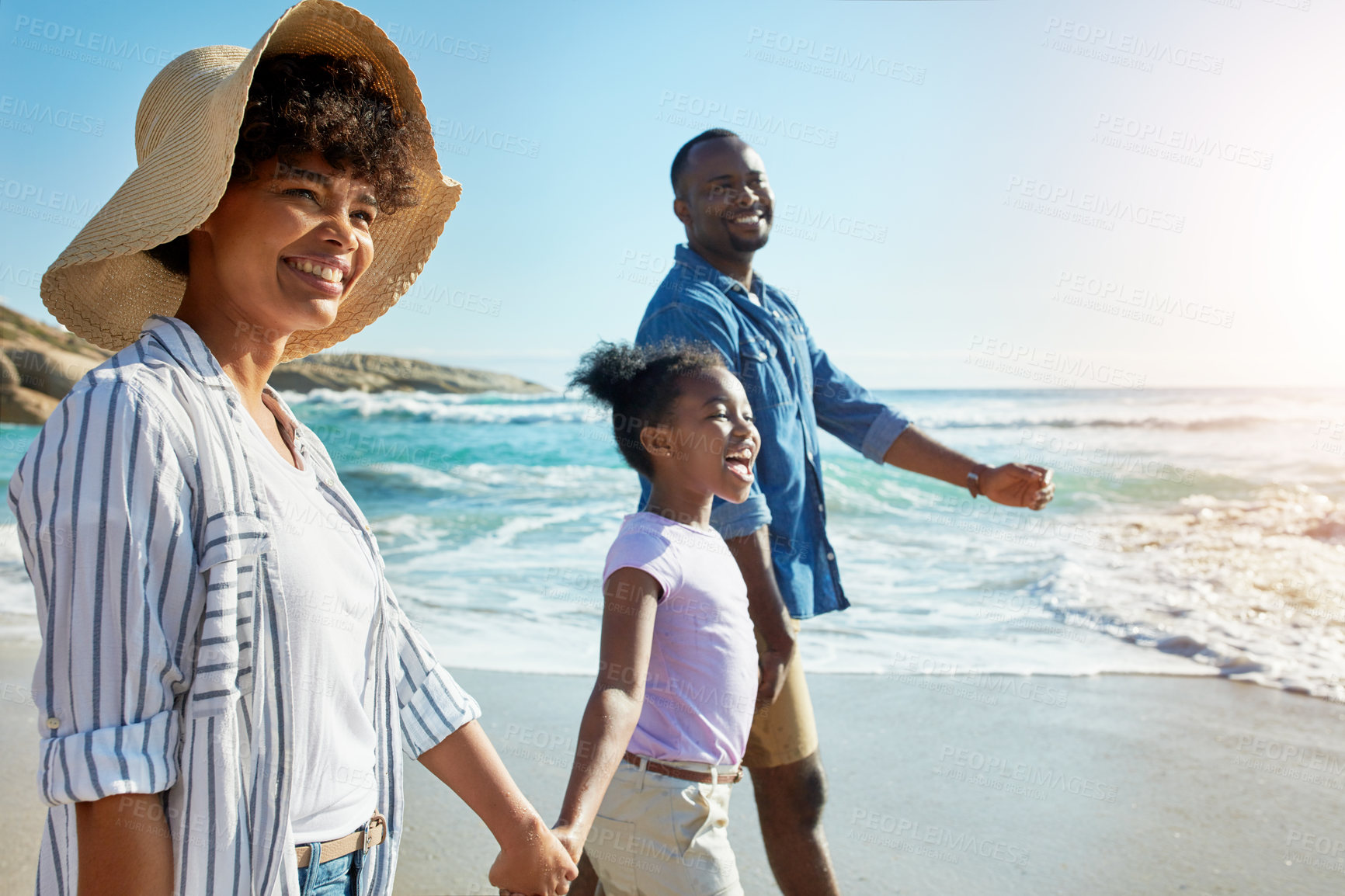 Buy stock photo Ocean, family and beach for walk, holding hands and waves for relax on seaside holiday. Parents, child or summer for travel and vacation to Los Angeles, support or love for mom or dad person together