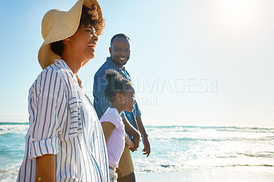 Buy stock photo Family, travel and walking on a beach with a child or kid on vacation at the ocean or sea. Mock up, parents and happy African American daughter relaxing and enjoying trip or holiday and holding hands