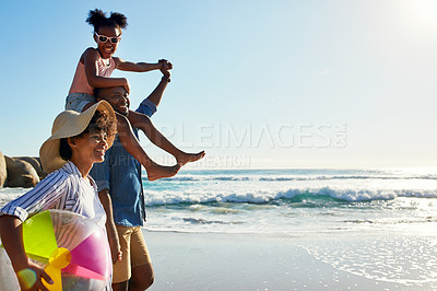 Buy stock photo Walking, beach and profile of relax black family travel, happy and enjoy outdoor quality time together. Ocean sea water, blue sky mockup or freedom for bonding people on Jamaica holiday in summer