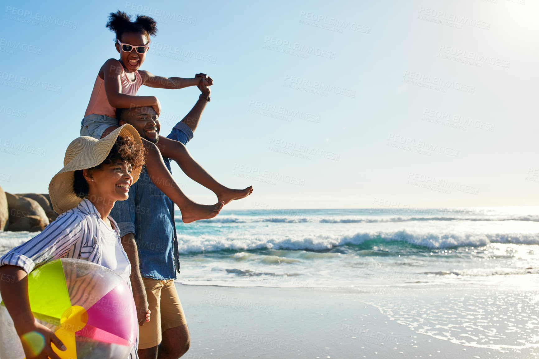 Buy stock photo Walking, beach and profile of relax black family travel, happy and enjoy outdoor quality time together. Ocean sea water, blue sky mockup or freedom for bonding people on Jamaica holiday in summer