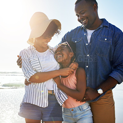 Buy stock photo Smile, hug and happy with black family at beach for summer break, support and tropical vacation. Peace, travel and happiness with parents and daughter playing by the ocean for freedom, sea and care