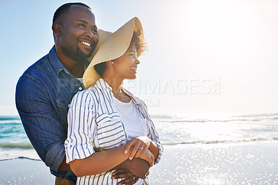 Buy stock photo Beach, relax vacation and black couple hug, travel and enjoy outdoor quality time together. Ocean sea water, blue sky mock up or freedom peace for happy bonding people on Jamaica holiday mockup