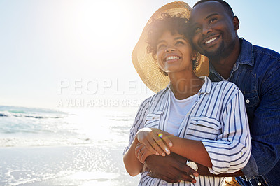 Buy stock photo Beach hug, smile and black couple relax, travel and enjoy outdoor quality time together on Jamaica holiday mockup. Ocean sea water, blue sky flare and freedom peace mock up for happy bonding people 
