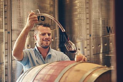 Buy stock photo Man, smile and wine maker with glass as manager for tasting, process and production. Supplier, winery and happy in confidence with product for alcohol manufacturing, craft and liquor at factory
