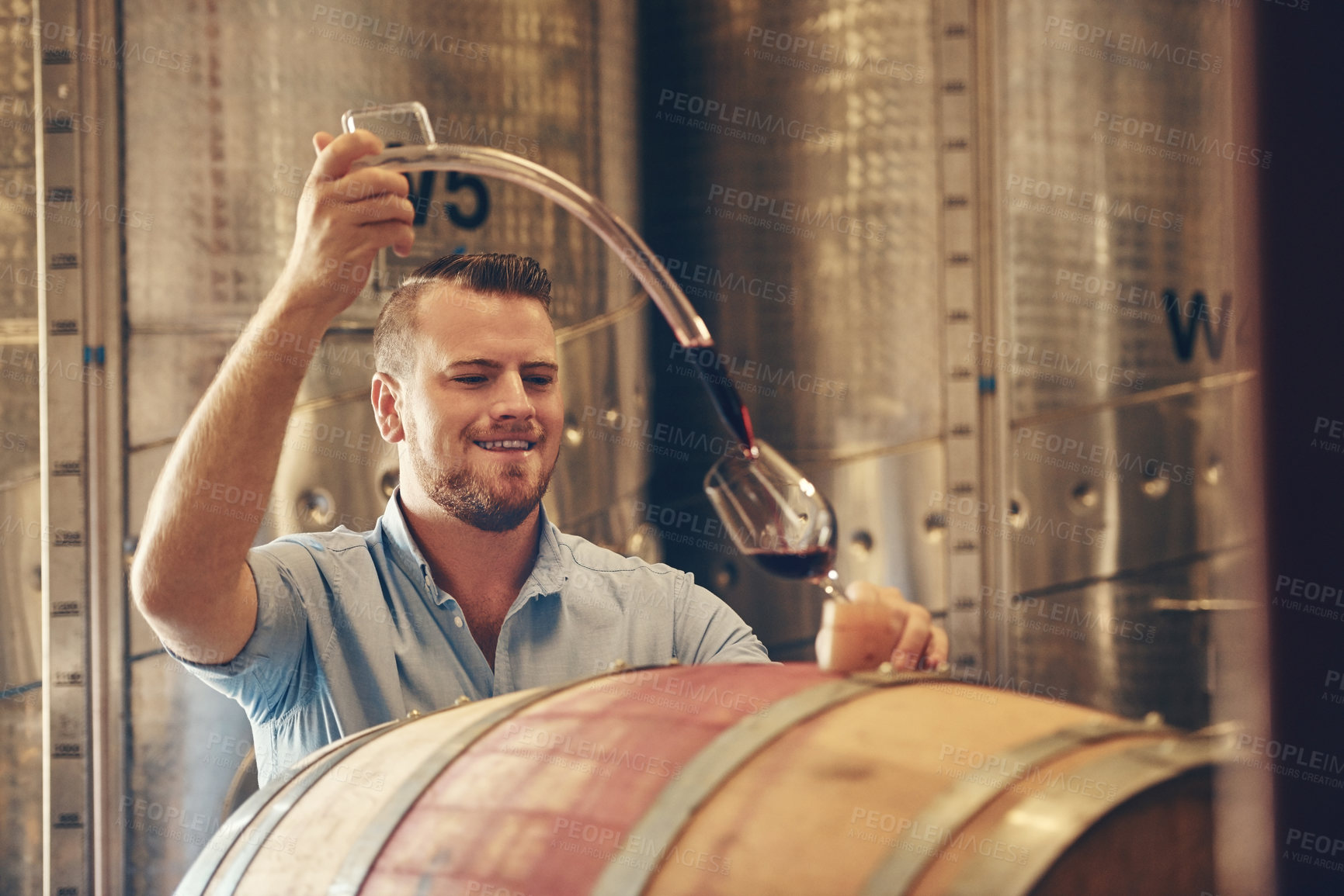 Buy stock photo Man, smile and wine maker with glass as manager for tasting, process and production. Supplier, winery and happy in confidence with product for alcohol manufacturing, craft and liquor at factory