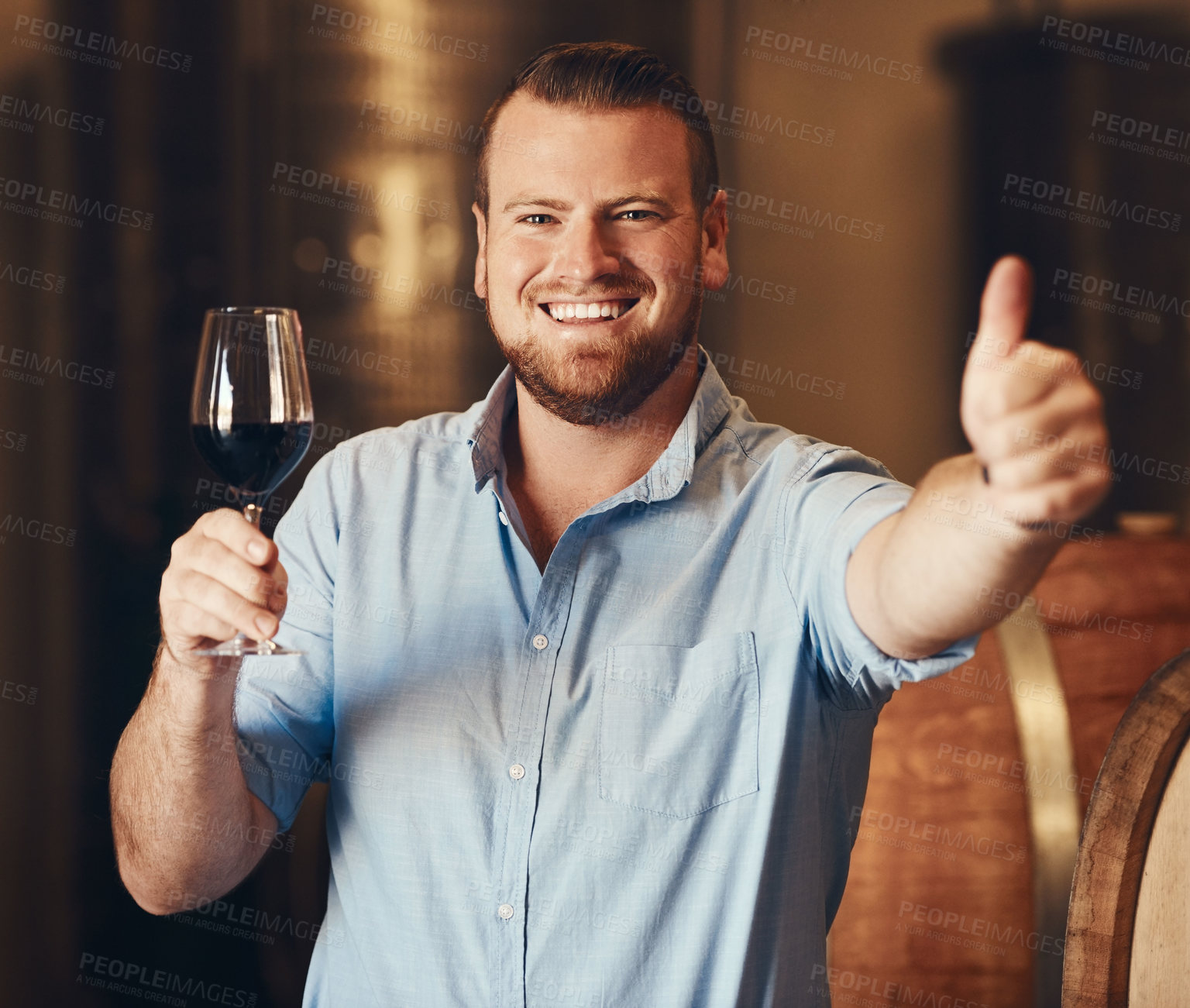 Buy stock photo Portrait, man and wine in cellar with thumbs up, great and yes with smile in distillery. Business owner, happy and excited with hand gesture, beverage and satisfaction after tasting or drink