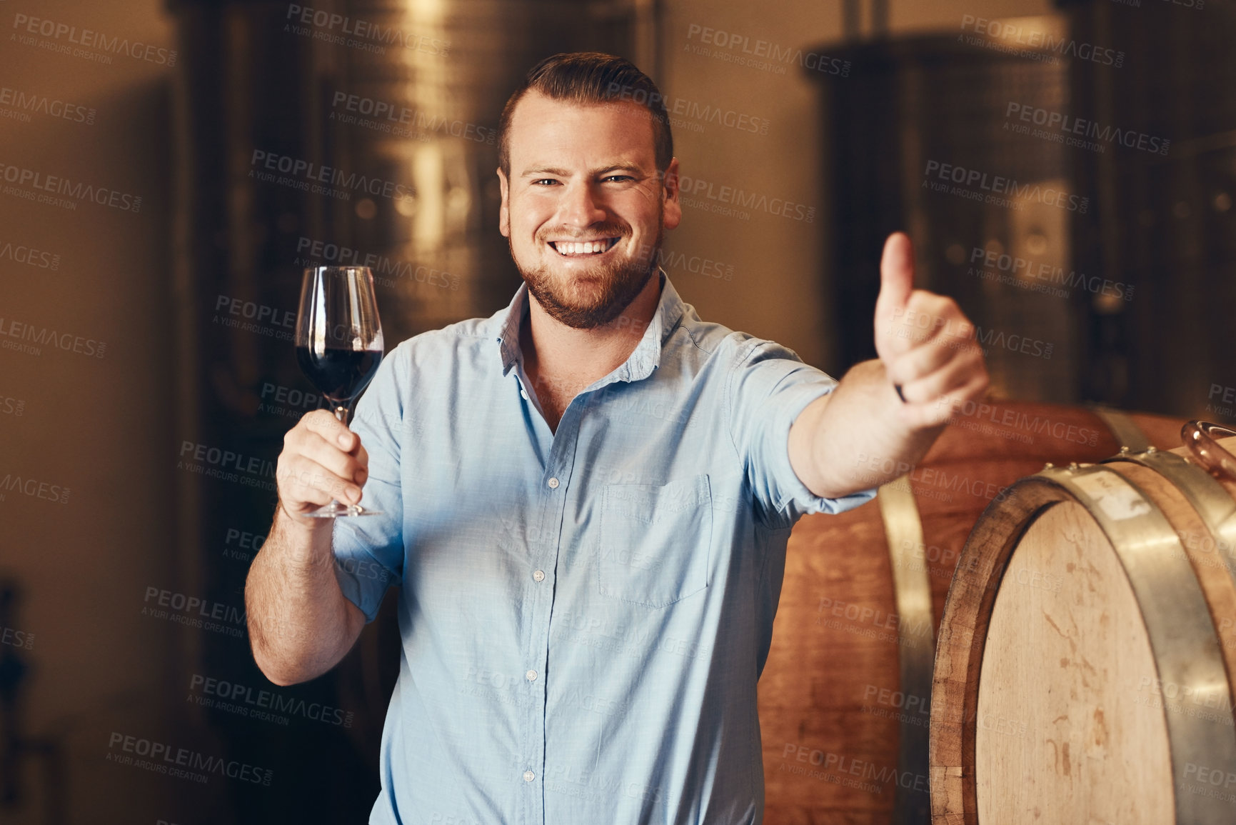 Buy stock photo Portrait, happy man and glass of wine with thumbs up, thank you and agreement with smile in distillery. business owner, excited or hand gesture with beverage, drink or satisfaction after tasting