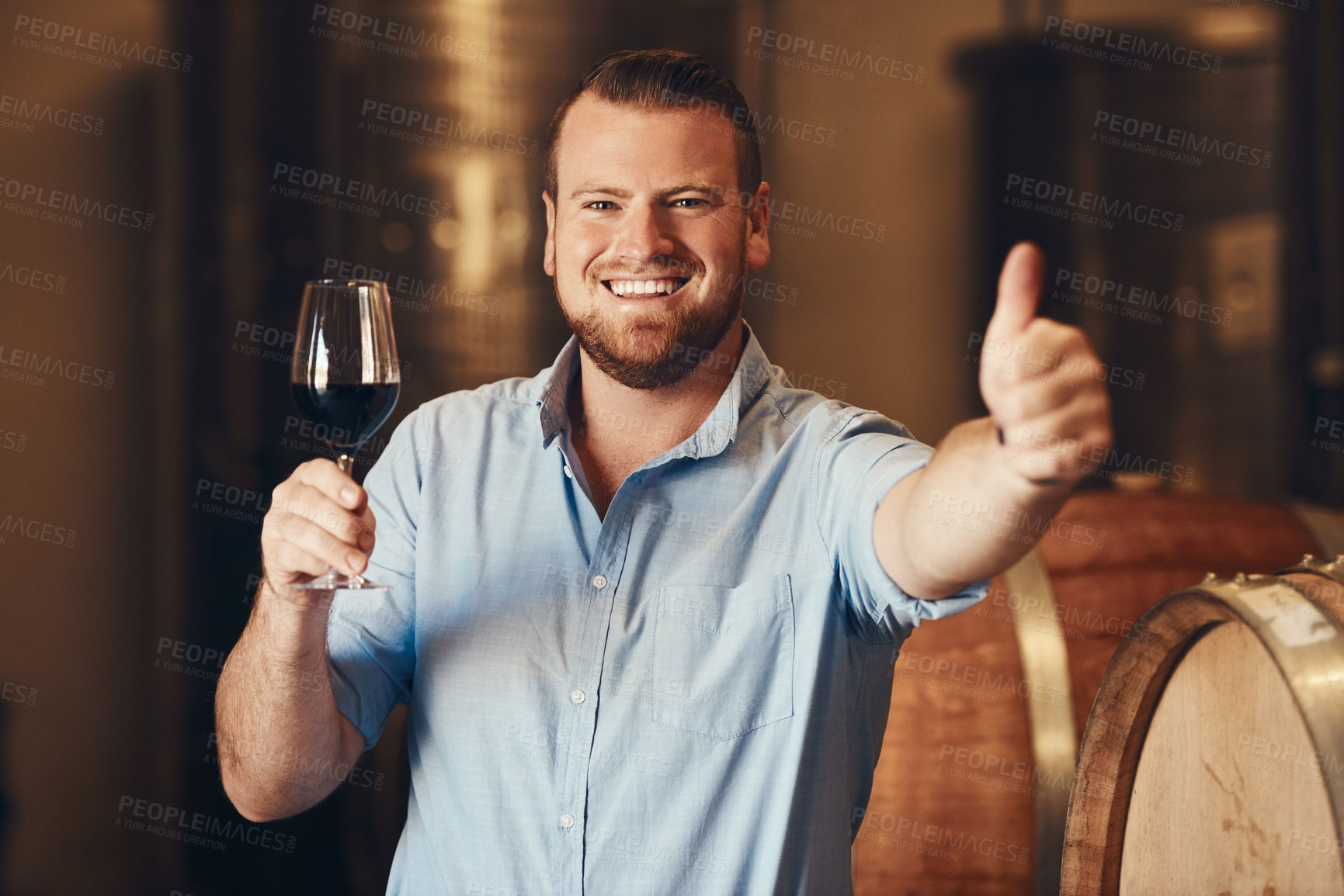 Buy stock photo Portrait, man and glass in wine cellar with thumbs up, great and yes with smile in distillery. Business owner, winery and excited with hand gesture, beverage and satisfaction after tasting or drink