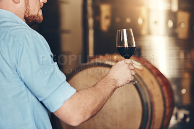 Buy stock photo Wine tasting, hand and man with glass in cellar for inspection of quality, experience and production. Professional, sommelier or person in winery with test for alcohol manufacturing in small business