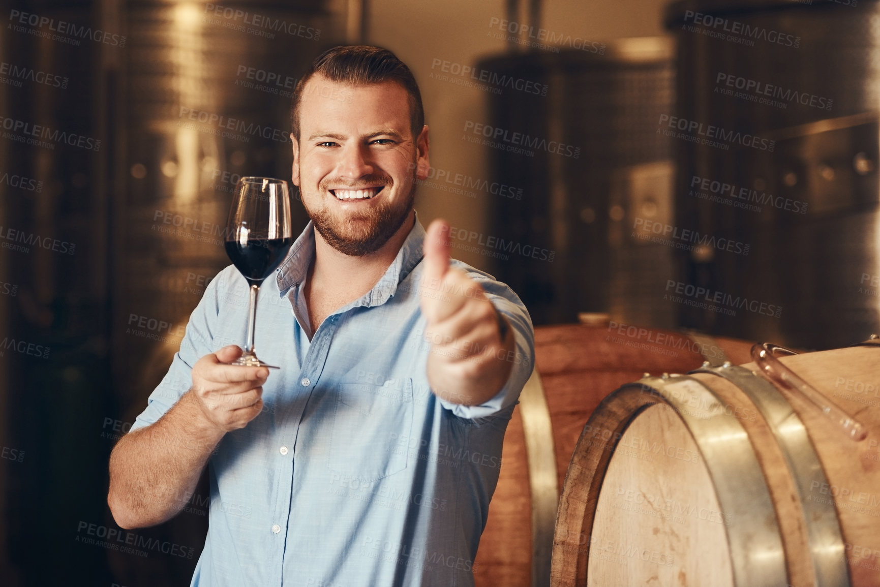 Buy stock photo Portrait, man and glass of wine with thumbs up, thank you and agreement with smile in distillery. Male sommelier, happy and excited with hand gesture, beverage or satisfaction after tasting or drink