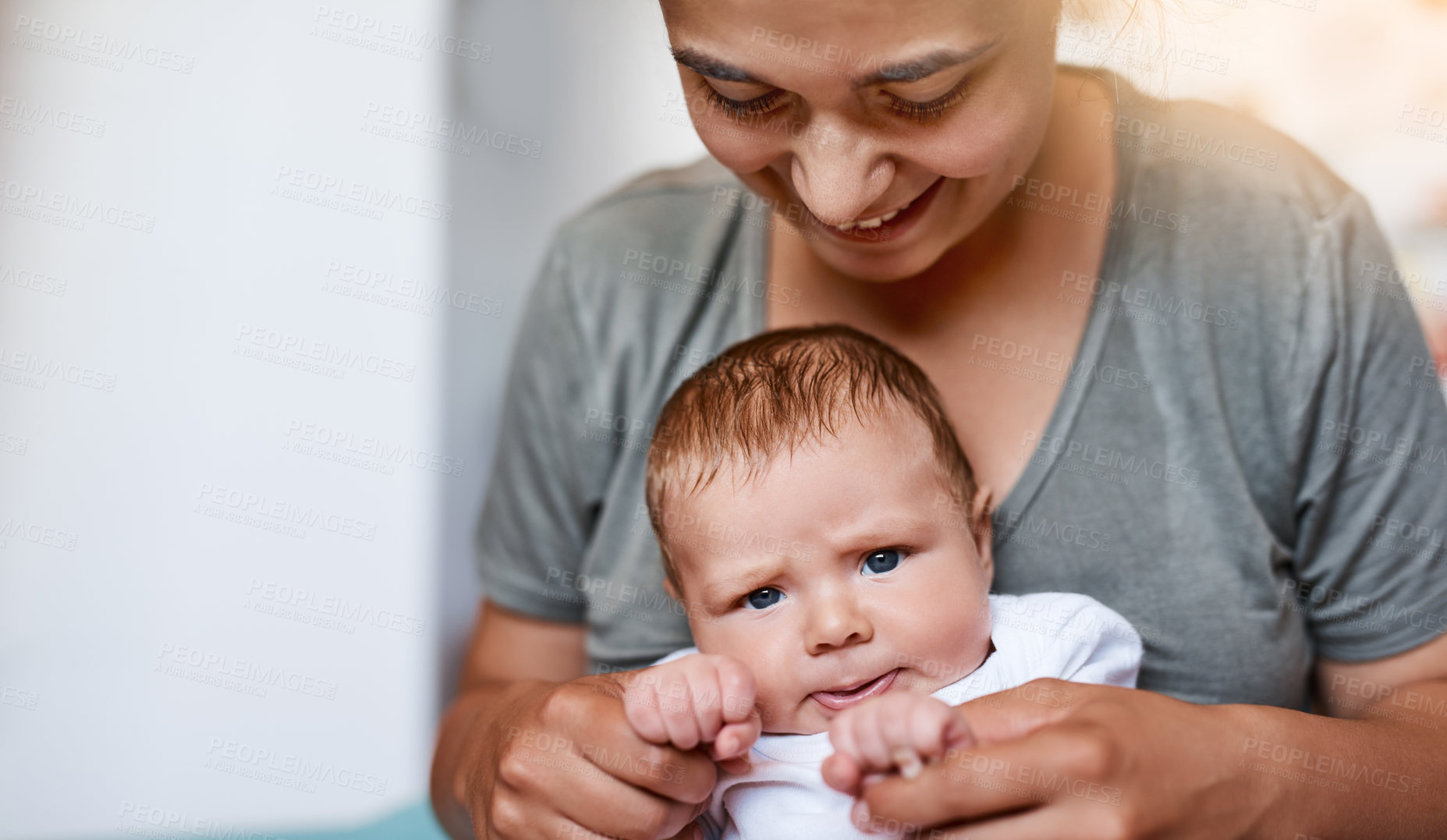 Buy stock photo Cute, bonding and mother with baby in home playing for sensory development, care and trust. Happy, love and mom holding sweet infant kid for early childhood growth and connection at family house.