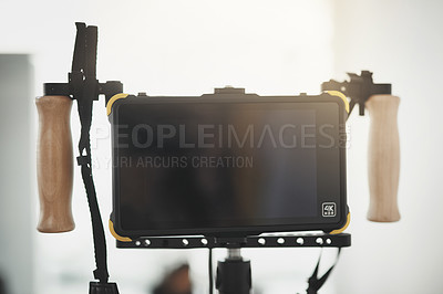 Buy stock photo Photography, camera and shooting with screen in studio for director, cinematographer or production. Art department, videography and filmmaking project with equipment for recording, framing and focus