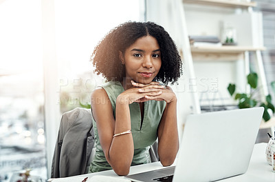 Buy stock photo Black woman, portrait and laptop at desk as writer for blog project or article, creative or research. Female person, face and journalist for report review or press headline at news, agency or online