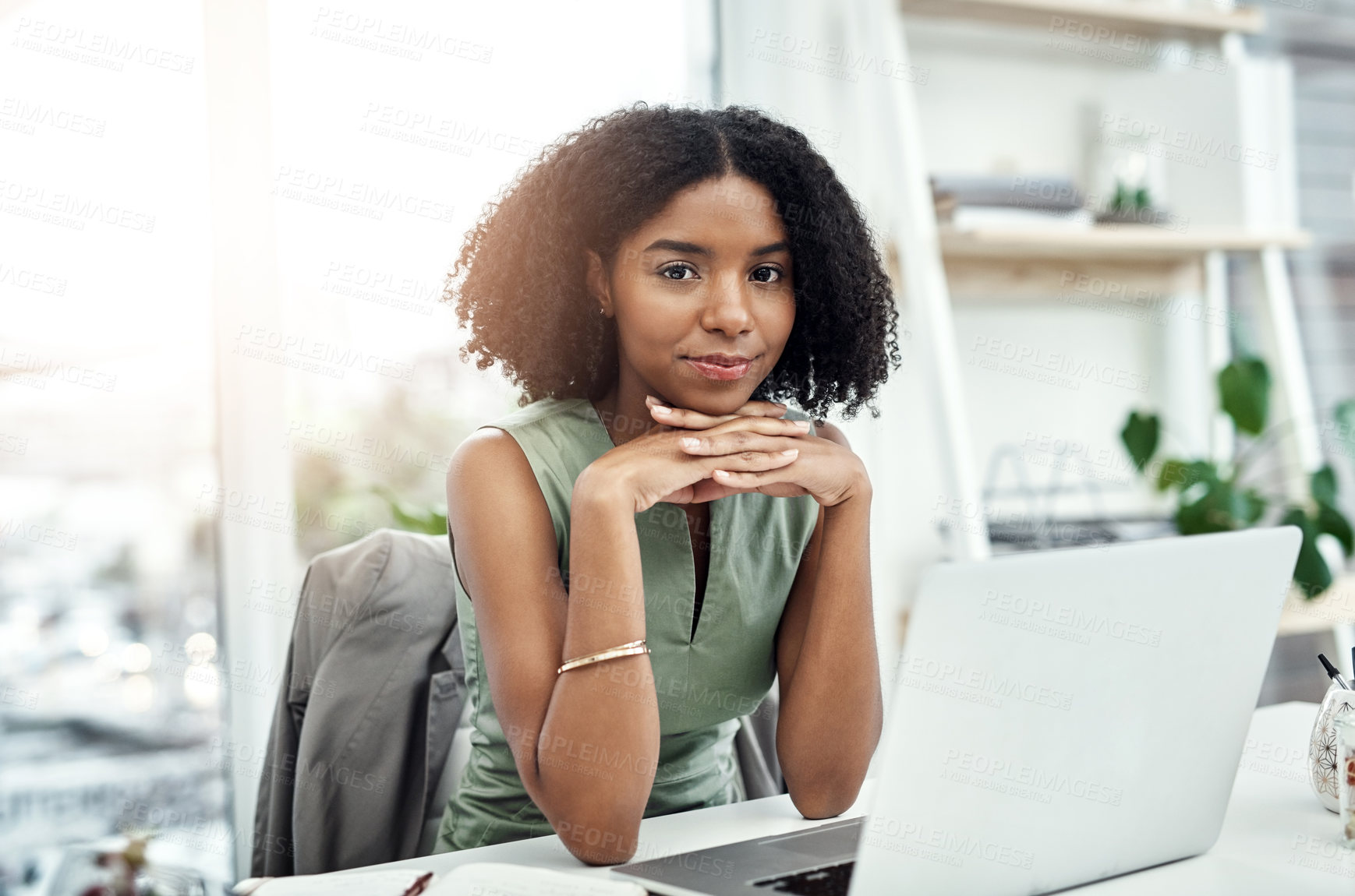 Buy stock photo Black woman, portrait and laptop at desk as writer for blog project or article, creative or research. Female person, face and journalist for report review or press headline at news, agency or online