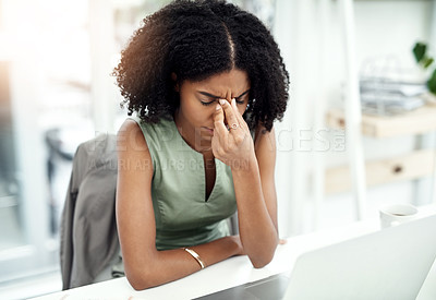 Buy stock photo Stress, anxiety or black woman in company with headache pain from job pressure or burnout fatigue in office. Bad migraine problem, business or tired girl employee depressed or frustrated by deadline 