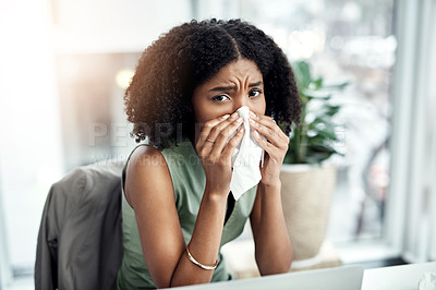 Buy stock photo Allergies, blowing nose or sick black woman in office or worker with hay fever sneeze or bad illness. Sneezing, flu or sad businessperson with toilet paper tissue, allergy virus or disease at desk