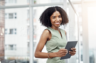 Buy stock photo Happy, portrait and black woman in office with tablet for planning as financial advisor in asset management. Corporate, worker and smile in workplace with professional online consultation and app