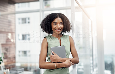 Buy stock photo Office, portrait and happy black woman with tablet for planning as financial advisor in economy. Corporate, worker and smile in workplace with professional consultation on stocks or investing app