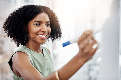 Buy stock photo Business, glass wall and black woman write, brainstorming or strategy in office. Planning, board and happy female person writing, working on project and schedule, notes or information in workplace.