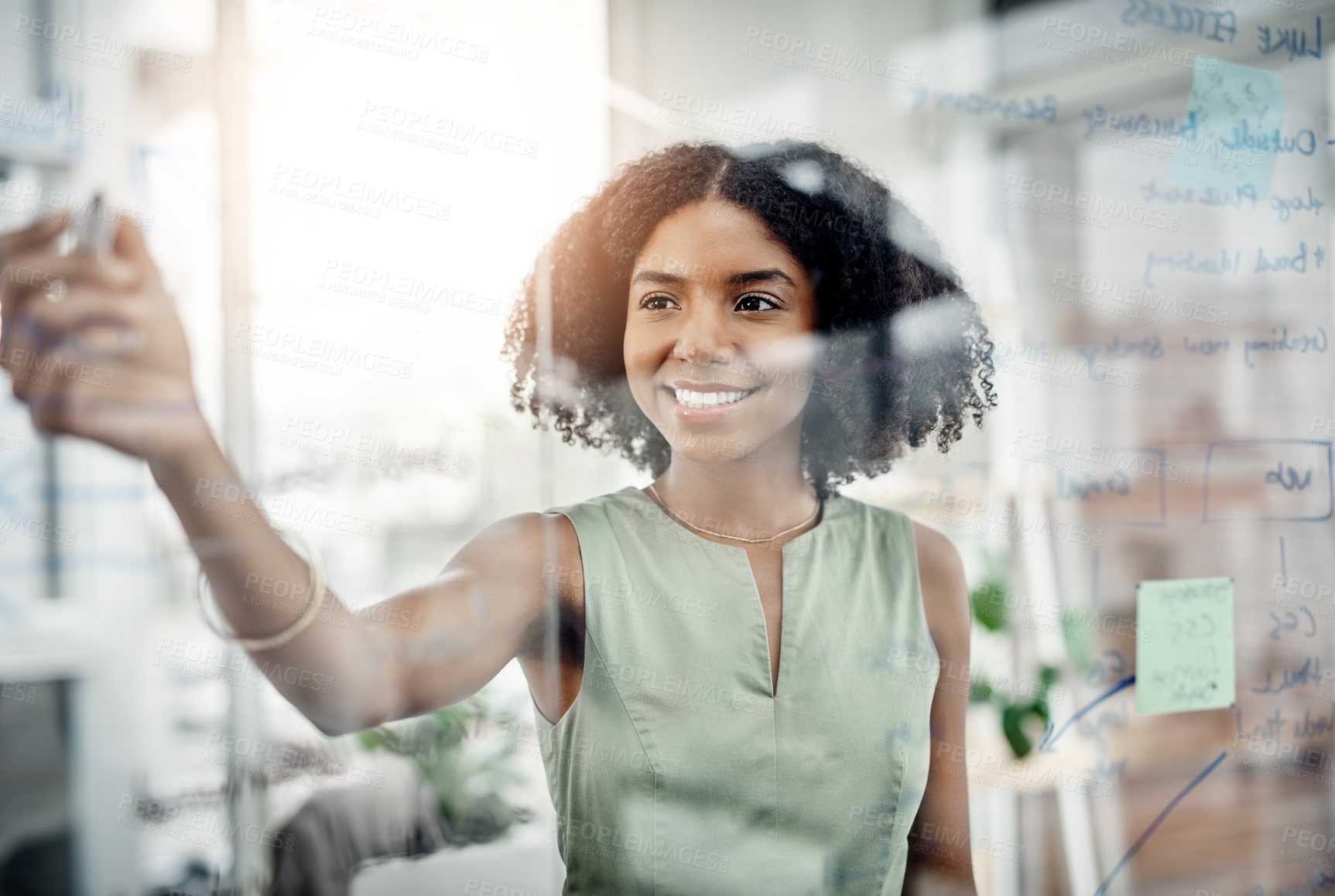 Buy stock photo Business, glass wall and black woman writing, strategy or brainstorming in office. Planning, board and happy female person write, working on project and schedule, notes or information in workplace.