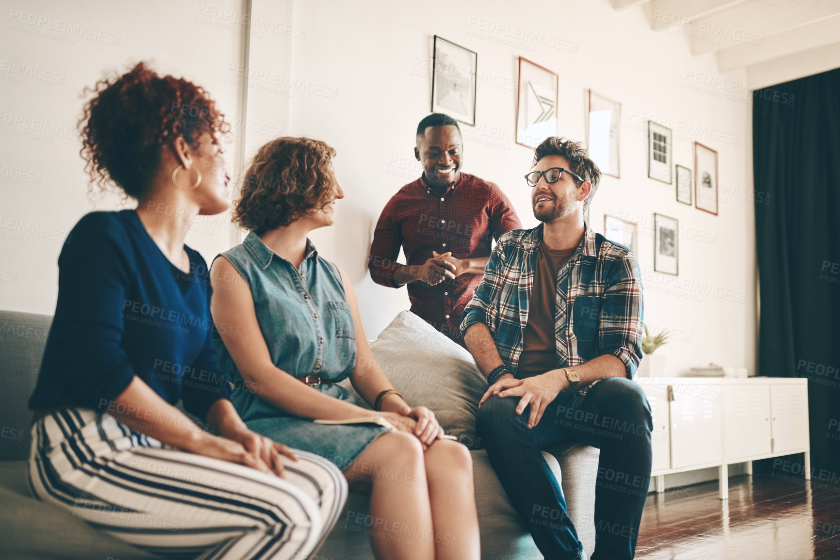 Buy stock photo Creative, group and smile for project, meeting and producer in film production, funding and planning. Diversity, people and conversation for budgeting, discussion and brainstorming for agency