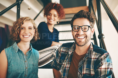 Buy stock photo Portrait, designers or happy people in meeting for team building, motivation or collaboration success. Startup company. teamwork or excited employees smiling with mission or positive mindset on steps
