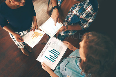 Buy stock photo Paperwork, graphs or hands of business people with tablet planning a project with charts or data research. Teamwork, finance documents or above financial accountants in meeting for a digital strategy