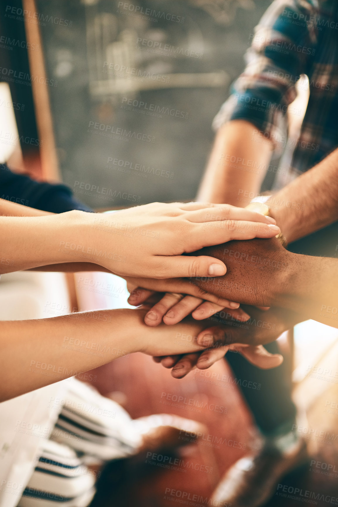 Buy stock photo Creative, unity and stack of hands, collaboration and producer in film production, group and planning. Huddle, together and solidarity of teamwork in office, celebration and achievement of people