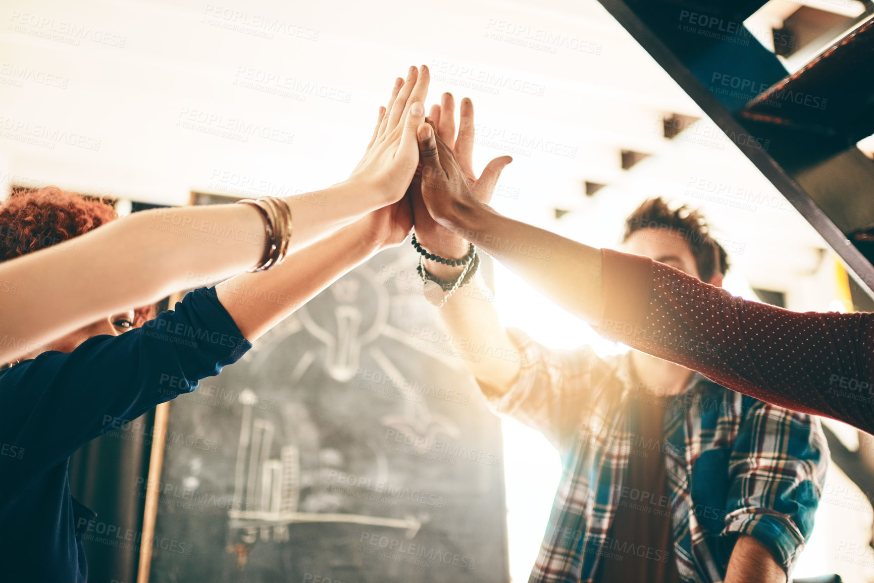 Buy stock photo Creative, people and high five in office for support, creativity or collaboration in business. Employees, synergy or gesture in workplace for community, inclusion or huddle for cooperation with trust