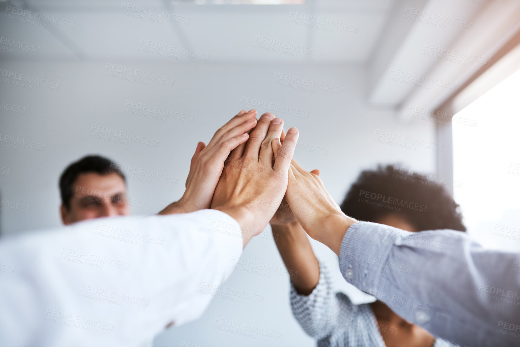 Buy stock photo High five, hands together and business people in office with collaboration, unity and support. Teamwork, achievement and closeup of employees with celebration, solidarity and success of project.