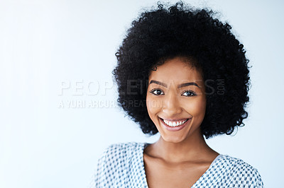 Buy stock photo Happy woman, creative or portrait in studio space with positivity, confidence or career pride in Brazil. Designer, smile or entrepreneur on white background for opportunity with business development