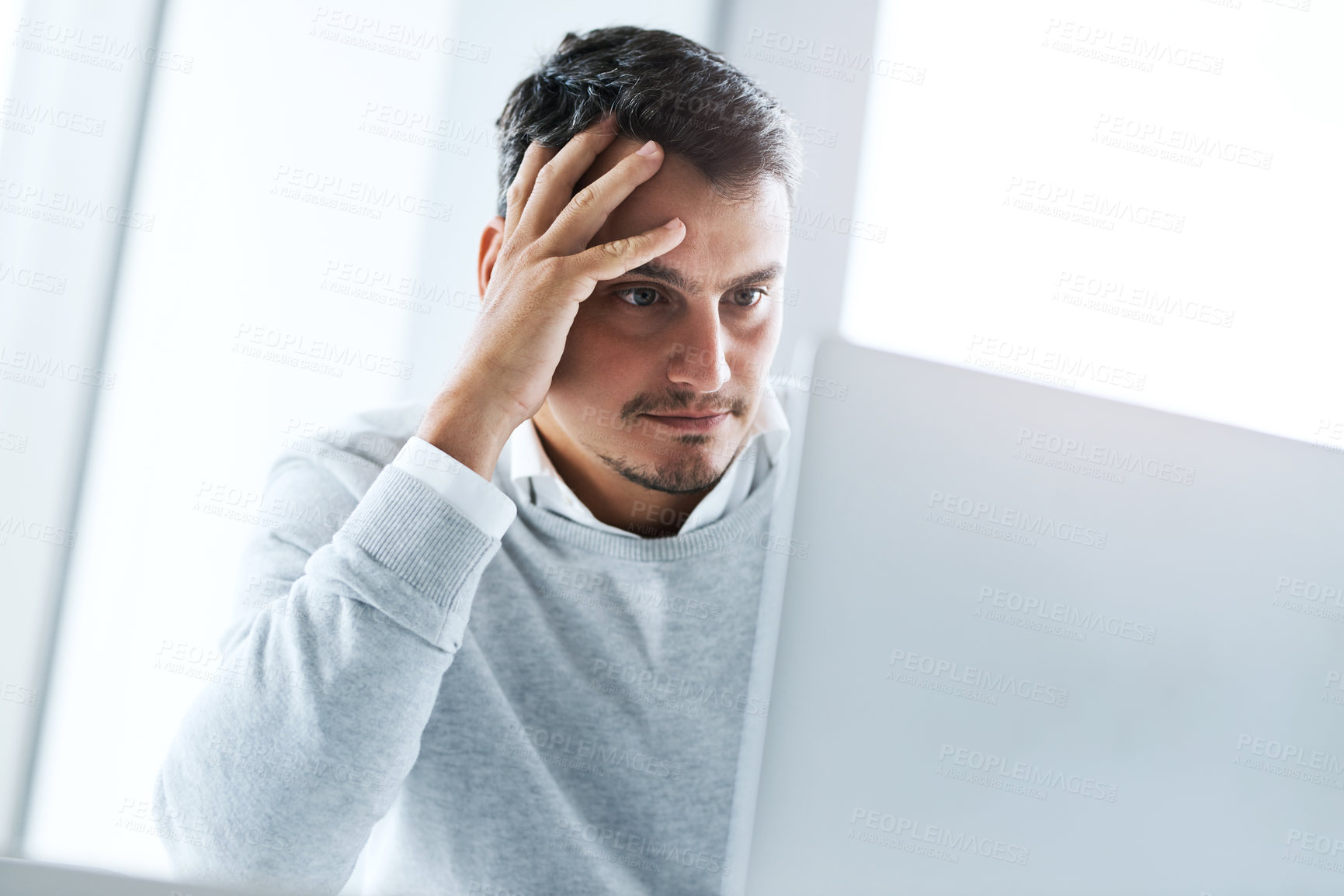 Buy stock photo Frustrated businessman, computer and mistake with stress for bankruptcy, debt or financial crisis at office. Tired man, employee or trader with headache, pressure or strain for bad investment or loss
