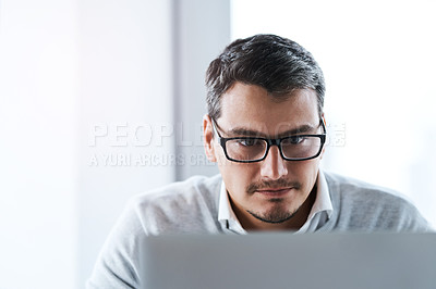 Buy stock photo Research, typing and business man with laptop in office for sales representative, online review and report. Creative, product specialist and market trends with employee for proposal, website and idea