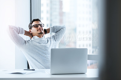 Buy stock photo Rest, laptop and businessman in office with completed project for deadline with satisfaction. Relax, happy and male financial planner with finished investment revenue report for client in workplace.