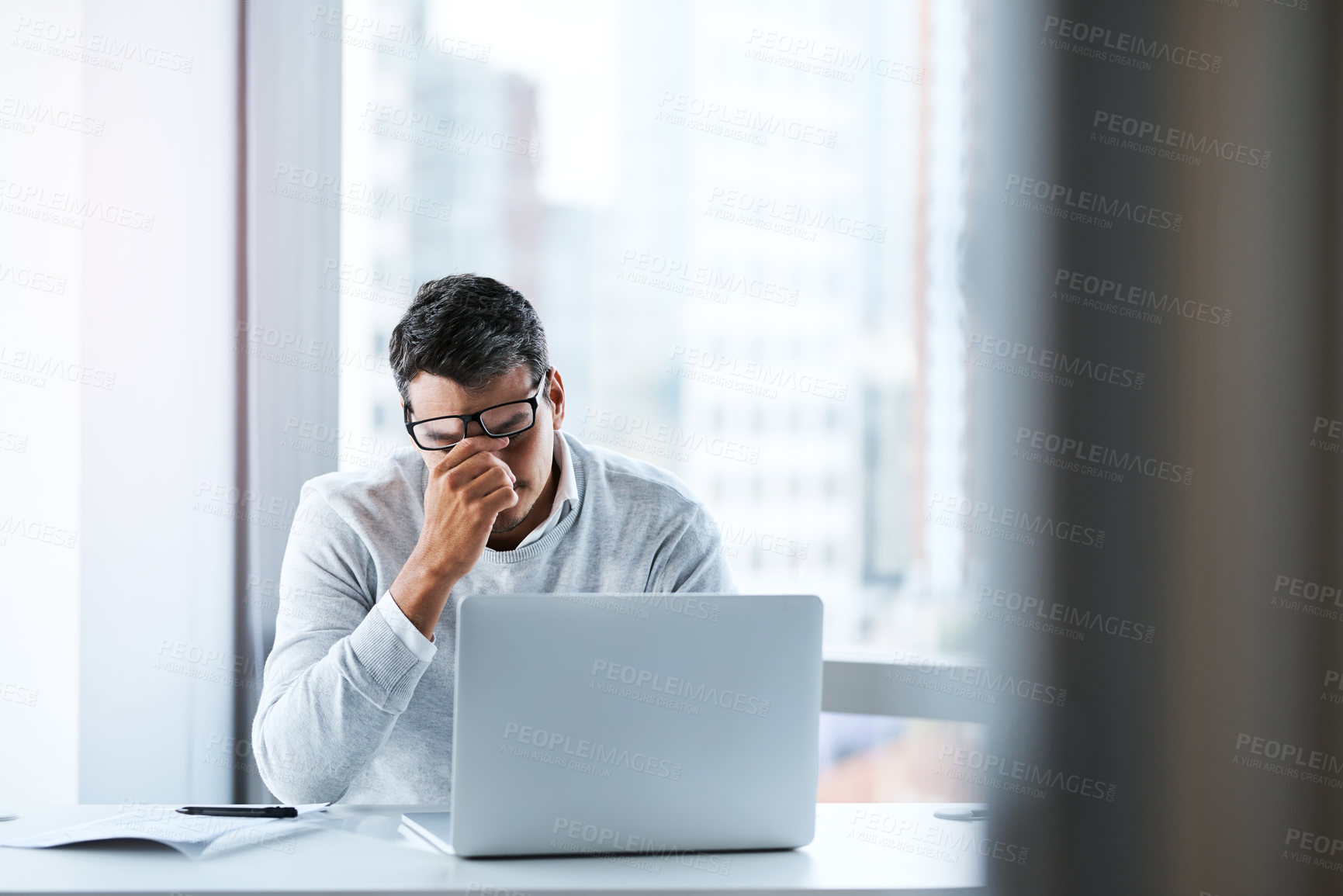 Buy stock photo Businessman, eye strain and pressure with stress, injury or burnout from mistake or anxiety in office. Tired man, employee and inflammation with sore ache, discomfort or overworked with report