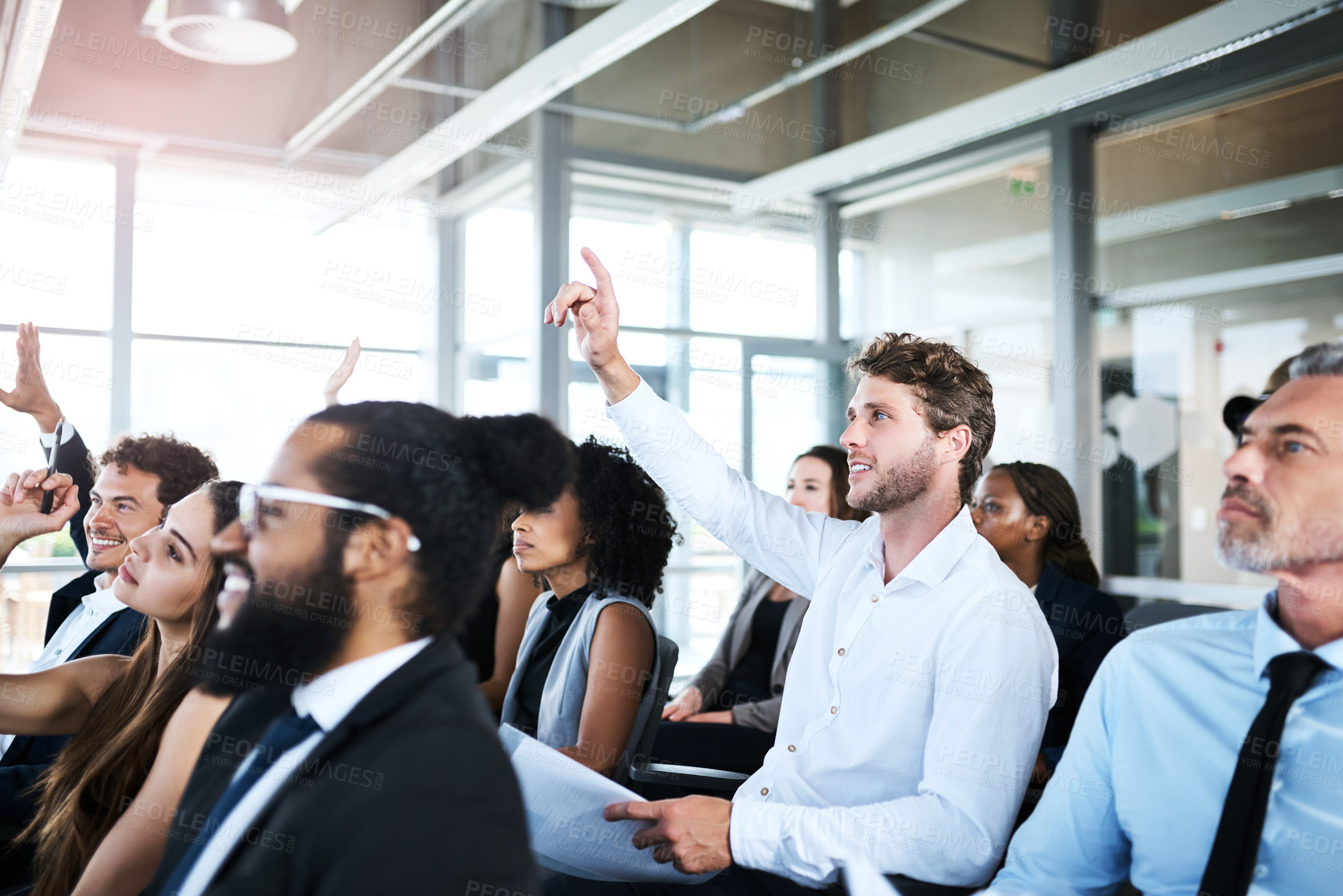 Buy stock photo Hand raised, conference and business people in office for meeting, seminar or discussion. Question, event and team of financial advisors in audience at finance training for investment planning.