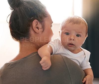 Buy stock photo Home, baby and portrait over mom shoulder with love relationship, support and bonding for growth. Face, newborn boy and mother carry child for care with security, safety and trust for development