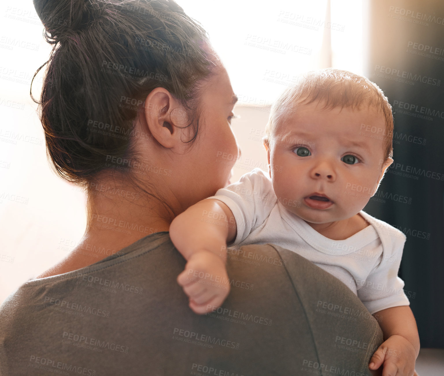 Buy stock photo Home, baby and portrait over mom shoulder with love relationship, support and bonding for growth. Face, newborn boy and mother carry child for care with security, safety and trust for development