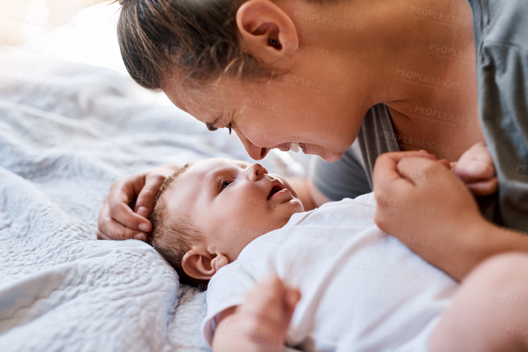 Buy stock photo Love, boy and mom with baby, bedroom and bonding with child in house, healthy and care of woman. Home, happy and person with newborn, wellness and smile for motherhood, bed and morning in weekend