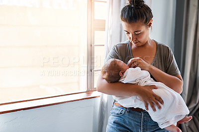 Buy stock photo Mom, baby and holding with pacifier in home for support, love and care for growth and child development. Parent, kid and trust in bedroom with playing for bonding, childhood memories and toddler