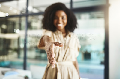 Buy stock photo Portrait, business and woman with handshake, welcome and happiness with offer, greeting and hello. Face, person or employee with gesture, thank you or introduce with professional, blur or partnership