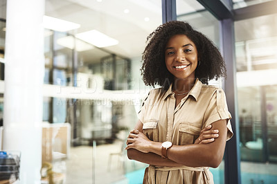 Buy stock photo Portrait, business and black woman in office, arms crossed or confidence with career ambition. African person, entrepreneur or consultant with creative agency, pride or startup with project developer