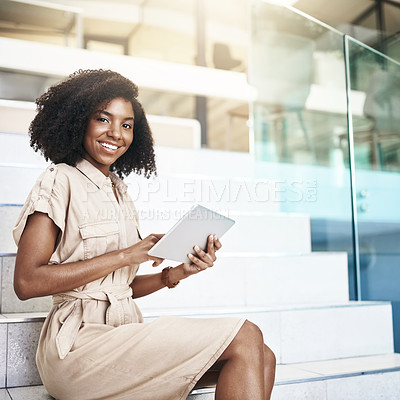 Buy stock photo Business, portrait and tablet with black woman on steps in office for administration or research. App, research and smile of happy corporate employee reading information in professional workplace