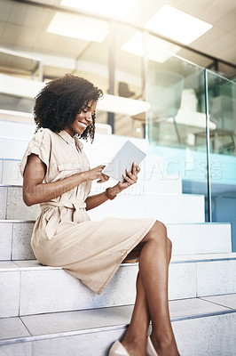 Buy stock photo Business, happy and tablet with black woman on steps in office for administration or check email. App, research and tech with smile of corporate employee reading information in professional workplace