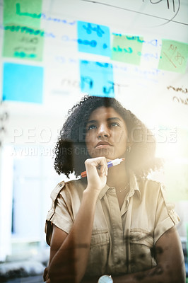 Buy stock photo Notes, thinking and business woman at board with planning, creative solution and writing. Employee, research and problem solving with idea and moodboard for project process and agenda in office